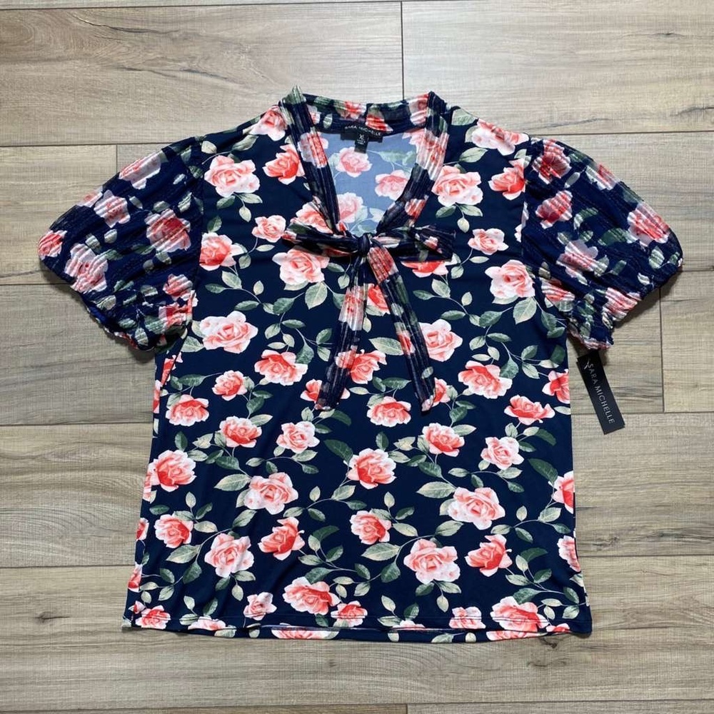 Sara Michelle Women’s Floral Front Tie Short Puff Sleeve Top Size XL Navy Blue